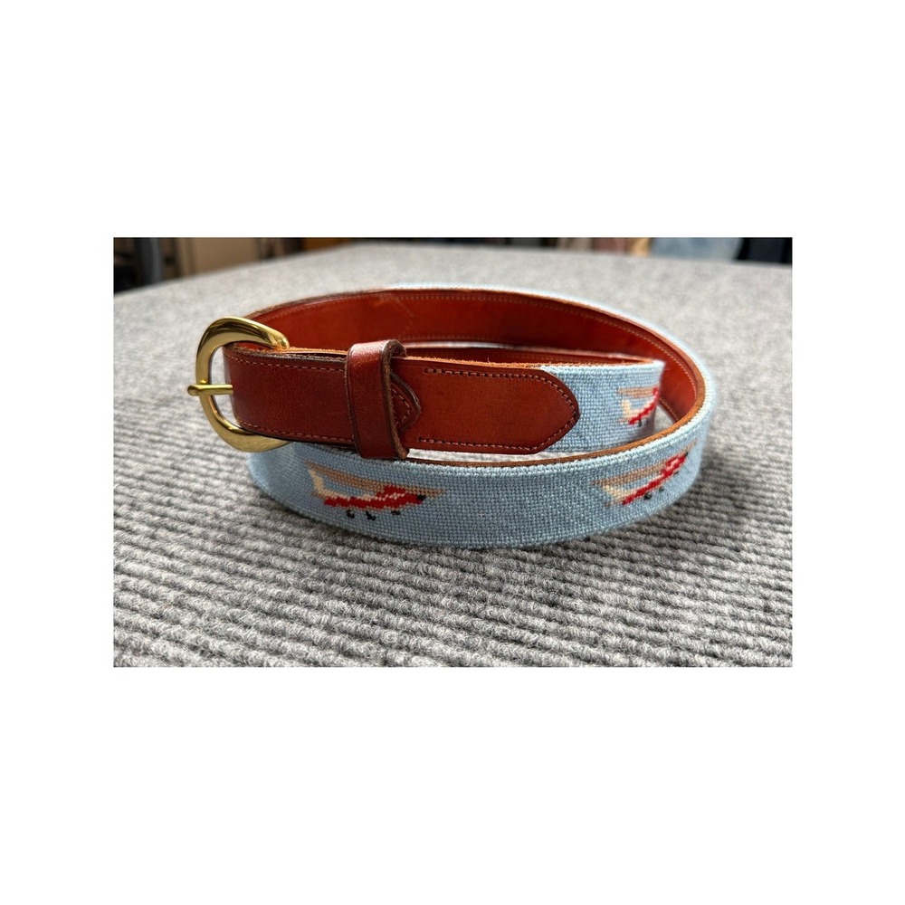 Needlepoint Belt Mens 42 Blue Airplane Aviation Leather Brass Buckle